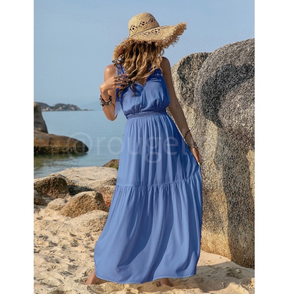 Blue Maxi Dress V-Neck Flared Flowy Tie Straps Embroidered Trim - Picture 6 of 7